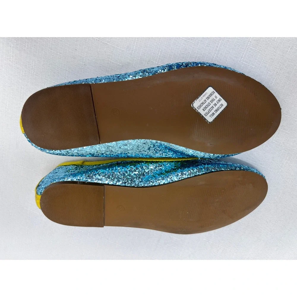 Mini Boden Ballet Flats Kids Size 37 Blue Good Glitter Yellow Trim Slip On